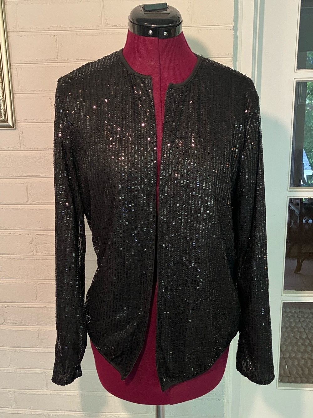 Black Sequin Open Front Jacket Collarless Lightweight Evening Cardigan Medium